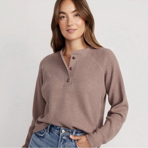 Old Navy Mushroom Brown Henley Thermal Waffle Cropped Shirt Womens Medium - Picture 1 of 11